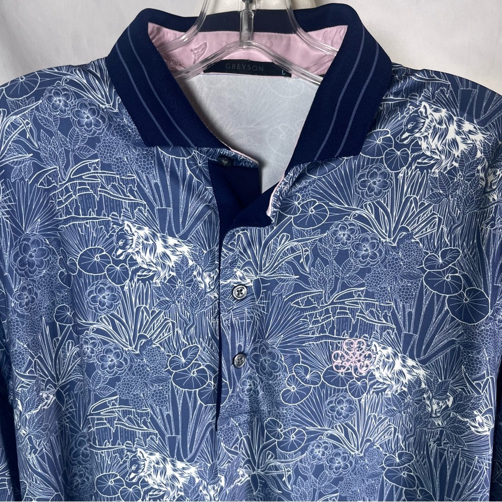 Greyson‎ Hidden Truth Falcon Golf Polo Shirt Blue & White Lily Pads Wolves Large